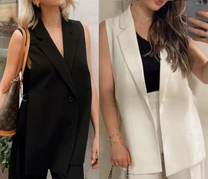 ZARA SCHWARZ/WEISSE WESTE MIT SCHLITZ REVERSKRAGEN SEITLICH OFFEN ÄRMELLOS BLAZER - Bild 1 von 48