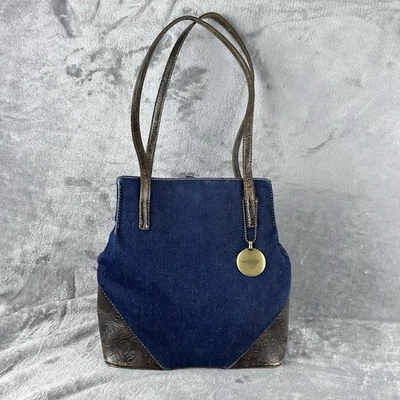 Nine West Denim Handbag Tooled Faux Leather Corners & Straps Y2K Western Boho  - Image 1 of 4