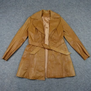 VINTAGE Leather Trench Coat Womens Medium Belted Double Breasted Long 70s NYC - Picture 1 of 23