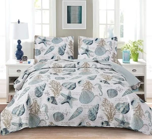 Summer Beach Bedspreads Set Seashell Conch Coverlet Sets King Size,3Pcs Light... - Picture 1 of 8