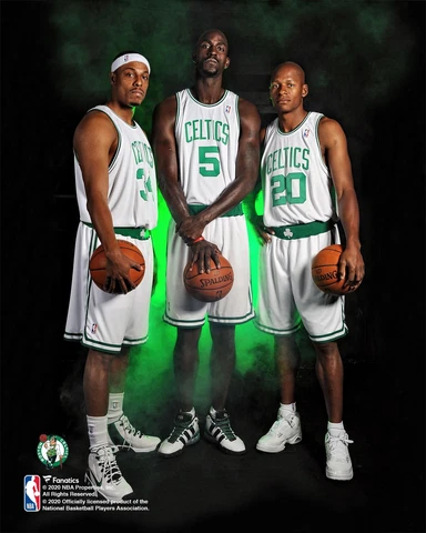 Kevin Garnett, Paul Pierce and Ray Allen Boston Celtics White Jersey 8x10 Photo Cover
