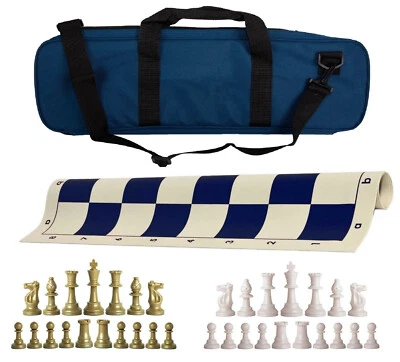 Juego de ajedrez ponderado de lujo azul marino - tablero de vinilo, bolsa con piezas de oro caqui y blanco Foto 1 de 4