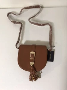 Women's Forever 21 Faux Leather Tassel Buckle Mini Crossbody Bag Purse Tan -NEW - Picture 1 of 10