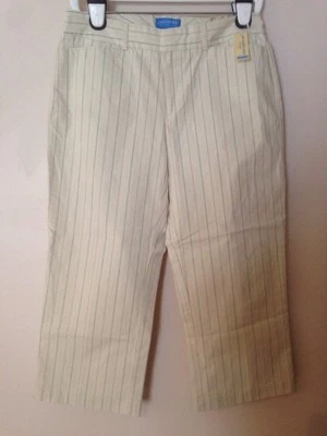 NUEVO CON ETIQUETAS DOCKERS MUJER CREMA VESTIDO CAPRI PANTALONES CON MARRÓN Y VERDE PIN RAYAS TALLA 8 L22 Foto 1 de 4