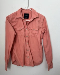 American Eagle Women's Pink Long Sleeve Corduroy Pearl Snap Shirt Small *Stains* - Picture 1 of 13