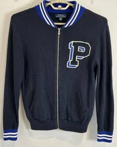 Polo Ralph Lauren Navy Blue Full Zip Sweater Cotton Varsity Trim P Embroidery L - Picture 1 of 10