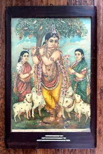 Antique Lord Krishna Lithography Hindu Sri Venugopal Ravi Varma Embellished Art - Picture 1 of 9