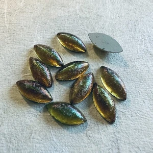 AM1231 Vintage glass cabochons 15x7mm navette black diamnd AB textured top (10) - Picture 1 of 2