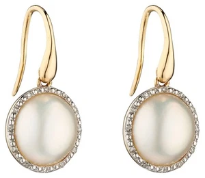 Elements Gold 9k Yellow Gold Diamond And Pearl Drop Earrings GE2287W - Picture 1 of 1