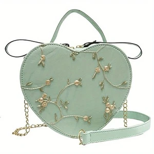 Women’s Lace Heart Green Small Bag Trendy Embroidery Top Handle & Shoulder Strap - Picture 1 of 3