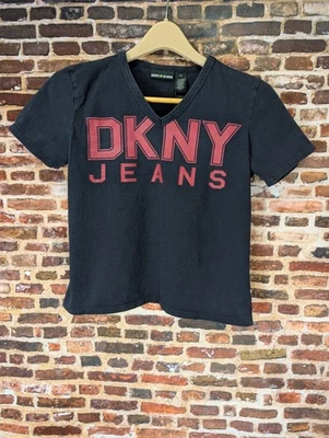 Camiseta DKNY De Colección Cuello en V Logo Gráfico Años 90 Y2k M Camiseta Negra Desteñida Envejecida Foto 1 de 4