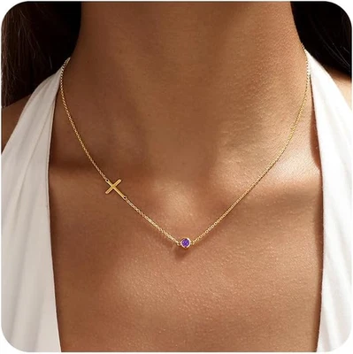 Gargantilla lateral con delicada piedra de nacimiento enchapada en oro de 14K para mujer Foto 1 de 4