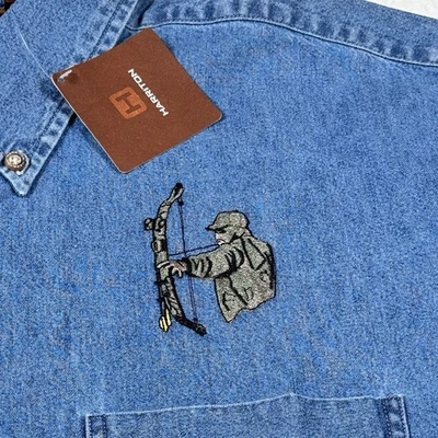 Harriton джинсовой ткани Мужская рубашка с коротким рукавом вышитый охотник логотип XL новый - Изображение 1 из 4