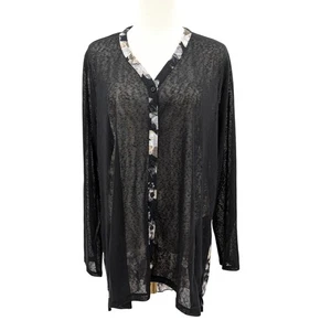 NWT LOGO Lori Goldstein Cardigan XL Black Sheer Floral Mixed Media Lightweight - Picture 1 of 11