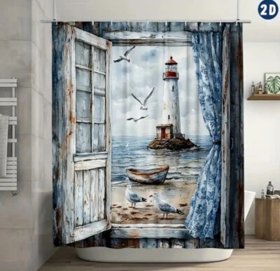 Aquarell Leuchtturm Seevögel Duschvorhang Badezimmer Polyesterfaser - Bild 1 von 4