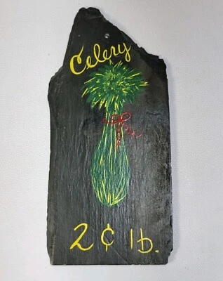 Handpainted Slate Celery Sale Signed By Artist Farmhouse Country Market Cottage - Image 1 of 4