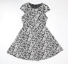 Dorothy Perkins Womens White Floral Cotton Fit & Flare Size 12 Round Neck Pullov