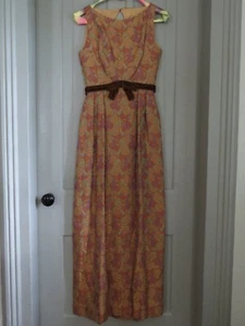 Vtg. 1950's Harry Keiser Brocade Sleeveless Empire Waist Maxi Gown Orange/Purple - Picture 1 of 10