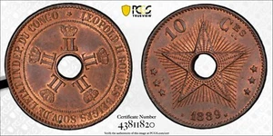 1889 CONGO FREE STATE 10 Centime Copper - MS64RB PCGS - Picture 1 of 1