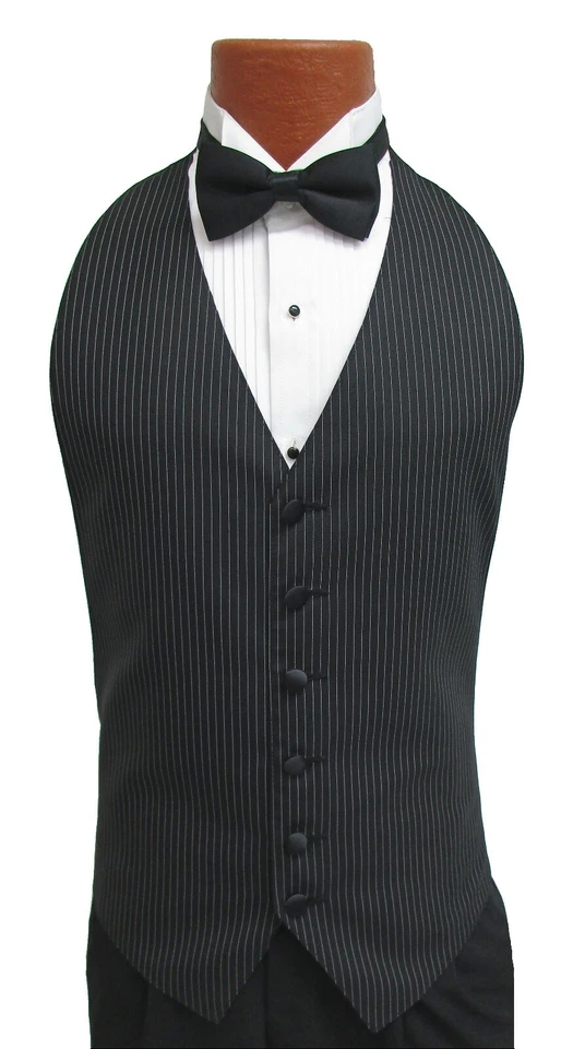 Men's Pinstriped Black Tuxedo Vest with Bow Tie Wool Open Back Fit All(37-50) - Image 1 of 2