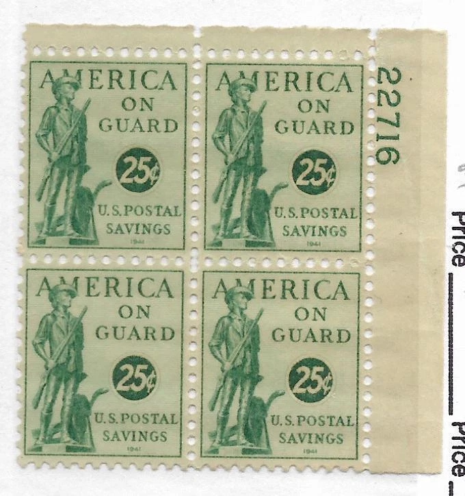 USA, FISCAL STAMPS, 25c US POSTAL SAVINGS STAMPS PLATE BLOCK 4, MNH - Image 1 of 1