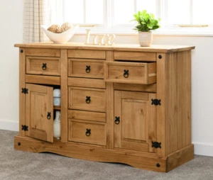 Solid Pine 2 Door 5 Drawer sideboard W132cm X D44cm X H84cm CORONA - Picture 1 of 12
