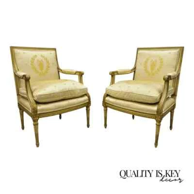 French Louis XVI Neoclassical Gold Silk Fauteuil Parcel Gilt Arm Chairs - a Pair - Image 1 of 4