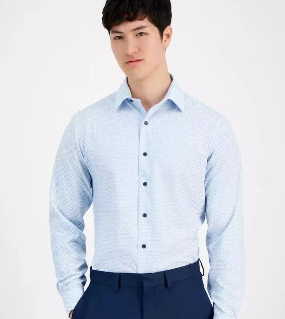 Alfani Men's Nick Geo-Print Dress Shirt white/blue 17-17.5 36-37