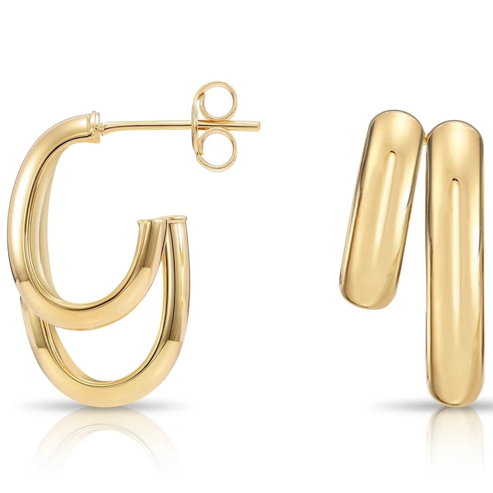 Pendientes de aro dobles italianos gruesos ovalados pulidos brillantes de oro amarillo macizo de 10K Foto 1 de 1