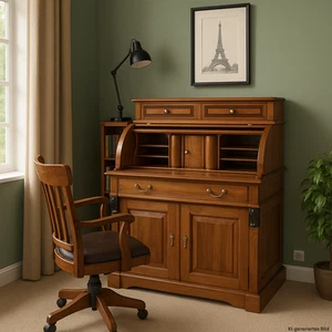 Sekretär Schreibtisch antik, Geheimfächer, elegant, Braun, Vollholz, Schnitzerei - Bild 1 von 11