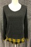 Umgee Womens Sz S Gray Long Sleeve Gold & Black Plaid Contrast Pullover Sweater 