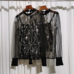 Lady Mesh Sequin Shirt and Tank Top Set See Through Blouse Fringe Party Cocktail - Picture 1 of 15