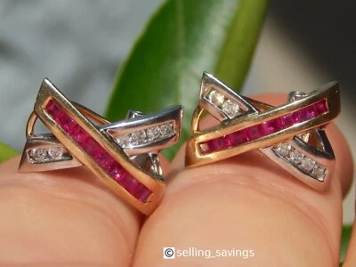 14K WHITE & YELLOW GOLD EFFY DIAMOND RUBY 7/10th INCH OMEGABACK HUGGIE EARRINGS - Image 1 of 4