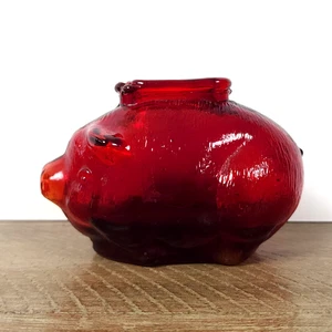 Vintage Anchor Hocking Red Glass Piggy Bank Textured Pig Coin Bank 4" Kitschy  - Picture 1 of 9