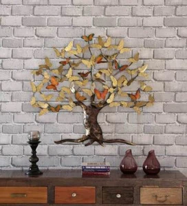 Metal Wall Decor Butterfly Tree Wall Art Golden Brown For Home Decor - Picture 1 of 6