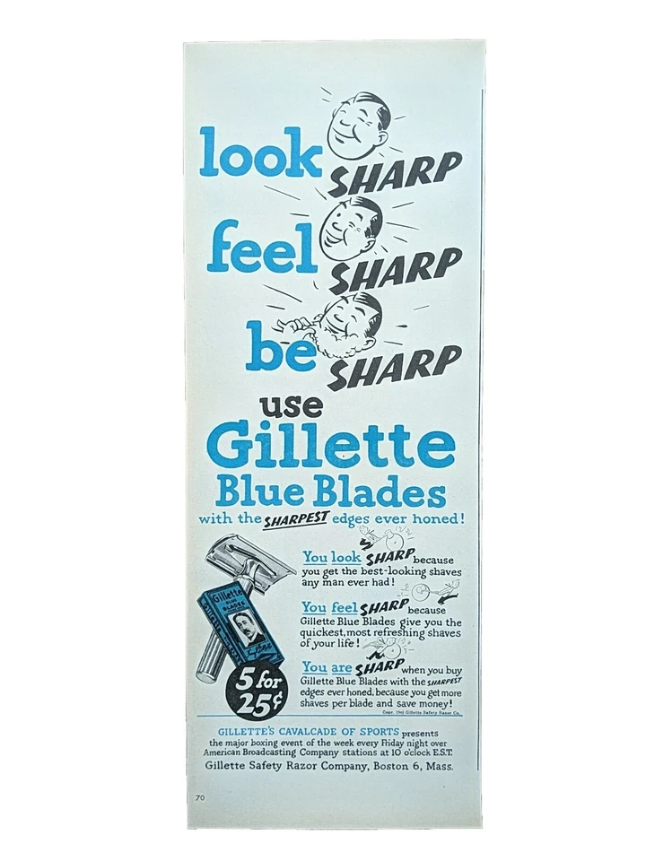 Anuncio impreso de hojas de afeitar Gillette 1946, anuncio de hojas azules posterior a la Segunda Guerra Mundial  Foto 1 de 1