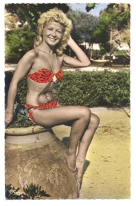 Tinted RPPC FRENCH Blonde BATHING BEAUTY Tiger Print Bikini ca1950 - Picture 1 of 2