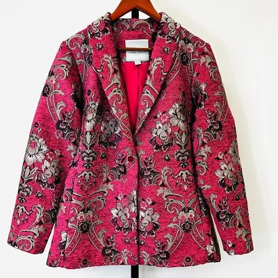 Blazer Susan Graver Jacquard Tapiz Talla 4 Rosa Negro Dorado Chaqueta de Un Botón Foto 1 de 4