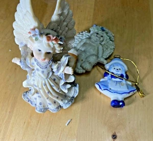 Angel Lot 3 Vintage Miniature Ceramic Magnate Figurine Hanging Blue White - Picture 1 of 7