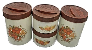 Vintage Metal Kitchen Canisters with Plastic Lids, Set of (4), Tin Containers - Picture 1 of 15