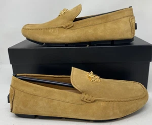 $775 Mens VERSACE Medusa Goldtone Logo Suede Drivers Loafers Sand 43 US 10 - Picture 1 of 18
