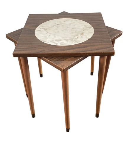 2 Vintage Mid-Century Modern Atomic Square Nesting Tables Wood Legs 16” X  15” Cover