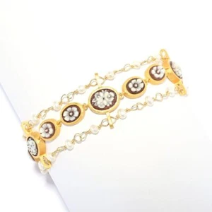 Cameo Italiano 18K Gold Plated "Anastasia" Flower Cameo & Cultured Pearl Bracele - Picture 1 of 4