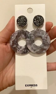New Express Grey Silver Multi Resin Circle Round Marble Stone Drop Earring - Picture 1 of 2