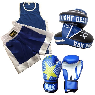 R-A-X KINDER BOXUNIFORM 3ER SET MIT BOXHANDSCHUHEN & FOKUSPADS ALTER 3-14 JAHRE RAX