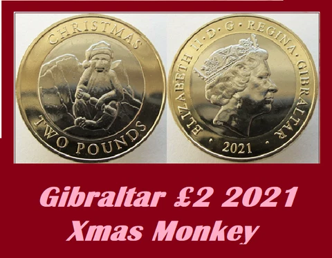 Gibraltar coin £2 pounds 2021 Xmas Monkey Barbarie Macaque wrapper Christmas Cover