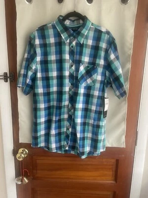 OCEAN CURRENT Men’s Size XL Blue, Teal, Gray Plaid Cotton Shirt NWT - Image 1 of 4