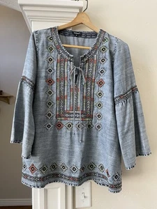 Sundance Catalog Denim Chambray Tolani Embroidered Boho Blouse Top Tunic M - Picture 1 of 5