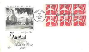 7c RED JET AIRPLANE AVIATION 1960 COMPLT BOOKLET PANE ARTCRAFT CACHET FDC #C60A - Picture 1 of 1