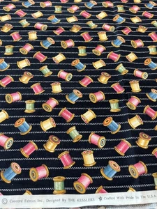 Retro Sewing Fabric by The Kesslers – Spools on Black Concord Fabrics USA 1/2 Yd - Picture 1 of 3